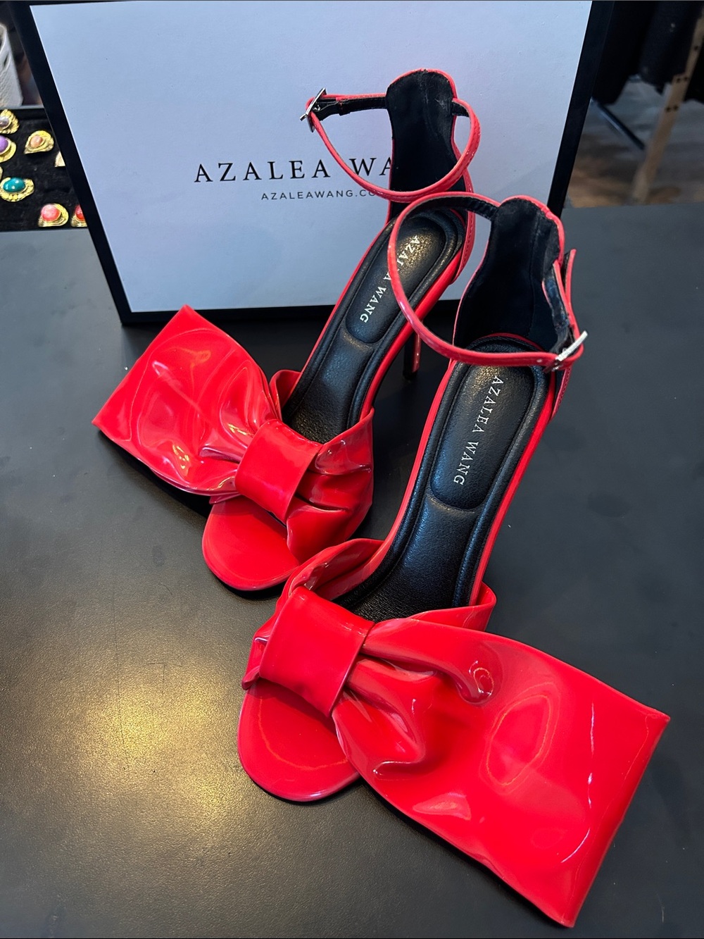Azalea Wang Red Patent Bow Ankle-Strap Stilettos